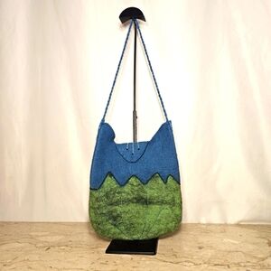 Handmade Whimsical Artisan Sheep's Wool Felted Green Blue Shoulder Bag Mongolia
